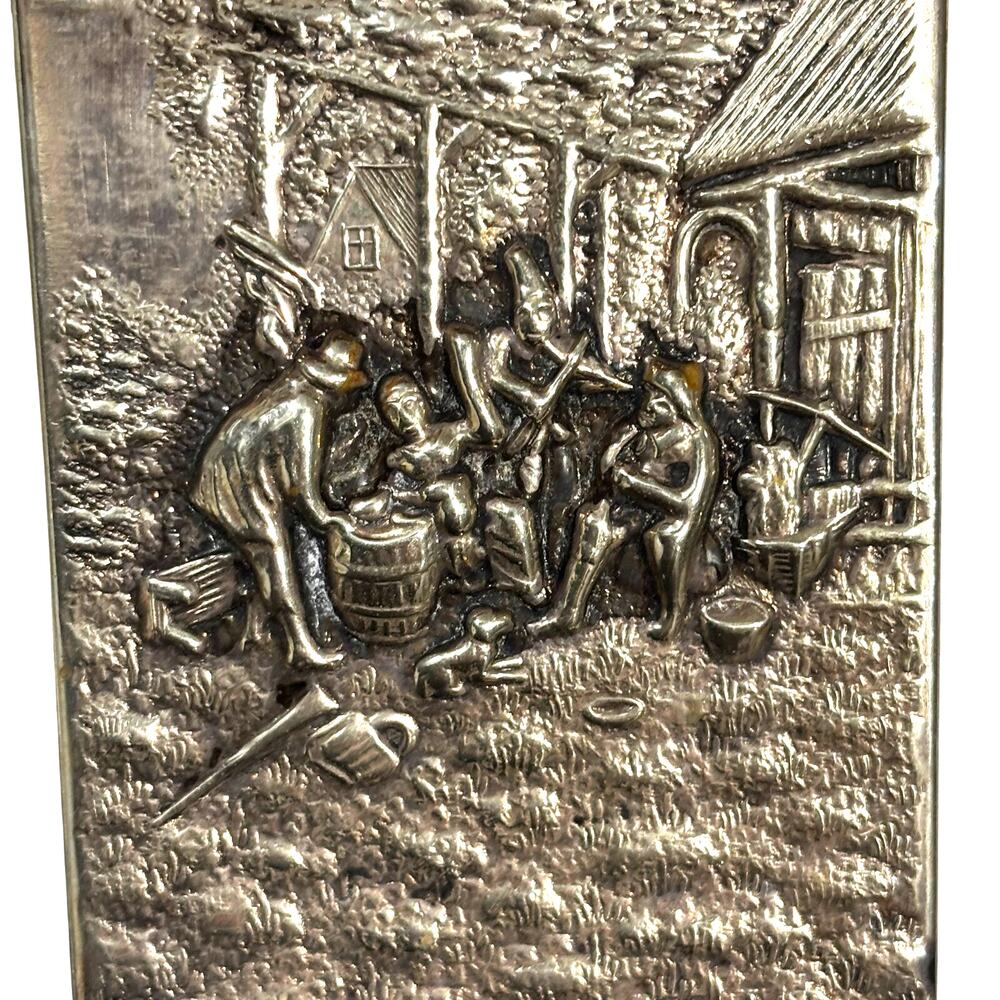 Vintage hallmarked Denmark silver metal match box cover hinged lid village scene